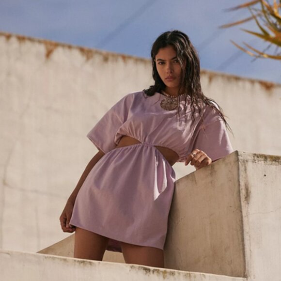 Free People Beach Dandelion Mini Dress Size XS Lilac USA Made Relaxed Cut Out - Picture 1 of 9